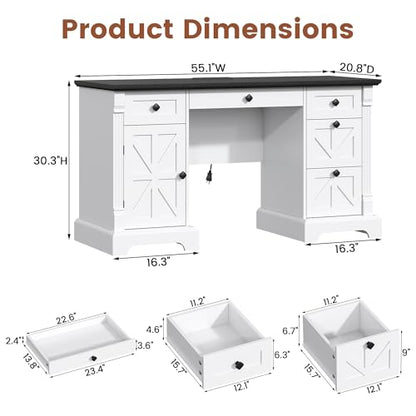 55'' Farmhouse Executive Desk with Drawers, White