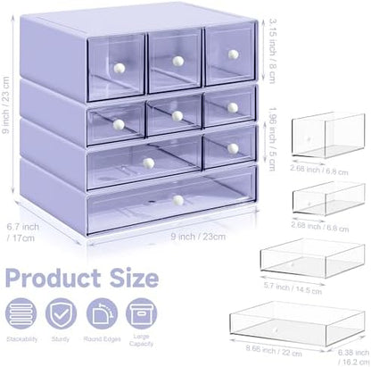 Desk Organizer with 9 Drawers, 4 Tiers Stackable Storage Drawers, Desktop Storage Box with Clear Drawers for Stationery, Makeup, Jewelry, Office and Craft Supplies (Purple)