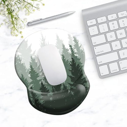 Ergonomic Mouse Pad with Support - Comfortable Wrist Rest, Non-Slip PU Base for Home Office, Studying, Gaming (Foggy Forest)
