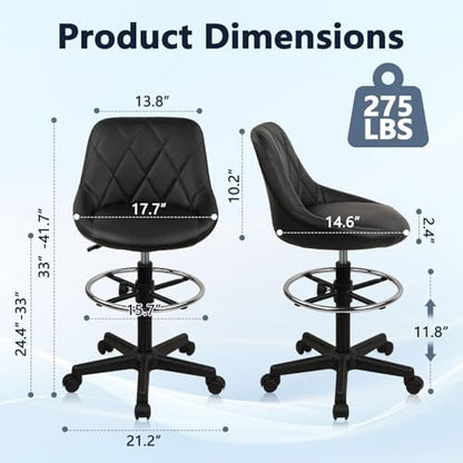 KLASIKA Drafting Chair with Back, Leather Rolling Swivel Stool with Adjustable Height and Footrest, Ergonomic Tall Standing Desk Office Chairs with Wheels for Home Work Shop Kitchen Bar, 1PK