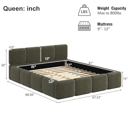 Queen Linen Blend Platform Bed, Thick Headboard and Footboard, Green