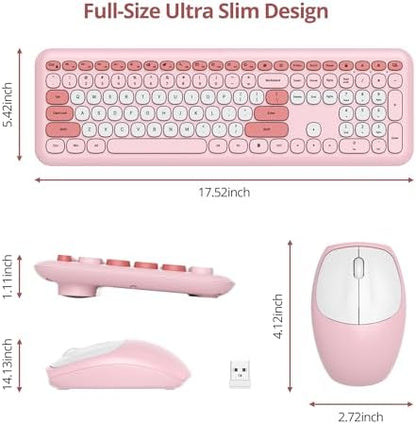 surmen Cute Wireless Keyboard and Mouse Combo, Pink Wireless Keyboard with Silent Mouse, Full Size Slim Low-Noise Soft Touch Round Keys for Home and Office,（6-Pink）