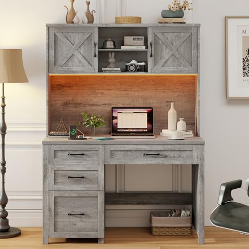 Farmhouse 67" H Executive Desk with Hutch & Drawers, Grey