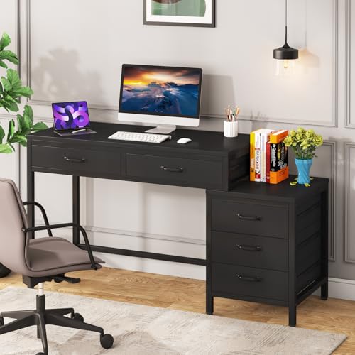 Computer Desk with 5 Drawers, Reversible Home Office Desks