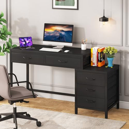 Computer Desk with 5 Drawers, Reversible Home Office Desks
