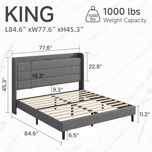 King Linen Multifunctional Bed with Charging Station & Storage Headboard