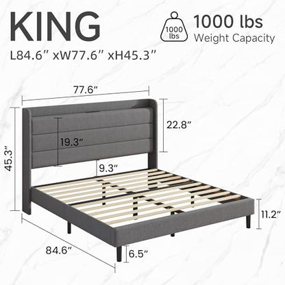 King Linen Multifunctional Bed with Charging Station & Storage Headboard