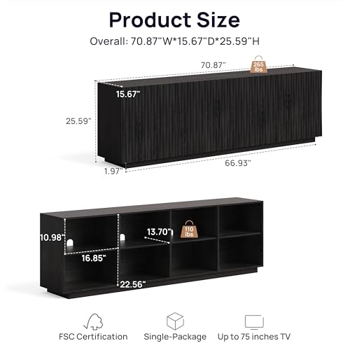 70" Fluted Mid Century Modern Sideboard Buffet Cabinet with Storage, Black
