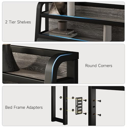 Queen Headboard Only with Storage, Charging Station, Black & Grey