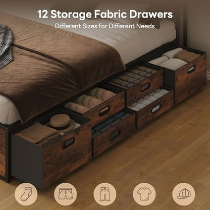 King Size Bed Frame with 12 Fabric Drawers and Headboard
