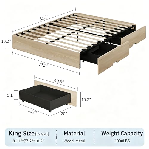 King Bed Frame with 2 Storage Drawers,Wooden Floor Bed Frame