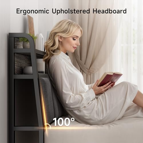 Ergonomic Headboard Queen Size with 2-Tier Storage, Black & Grey