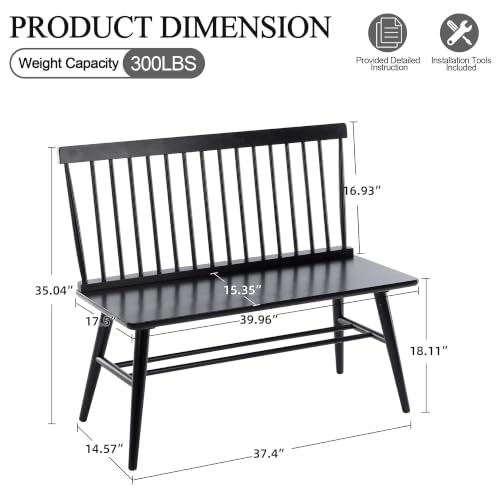 Entryway Bench, Black Dining Bench with Spindle Back