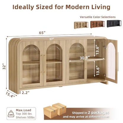 65" Sideboard Buffet Cabinet with Arched Glass Doors, Natural