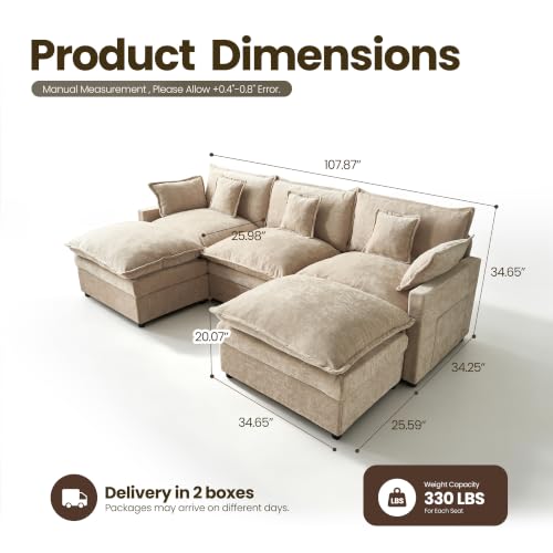 108'' U Shaped Cloud Couch, 3-Seater Sofa with 2 Ottoman, Oatmeal