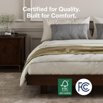 Floating Solid Wood Queen Bed Frame with Motion Sensor LED Light & Charging Station, Heavy Duty Platform Bed Frame, Noise-Free, No Box Spring Needed, Walnut Finish