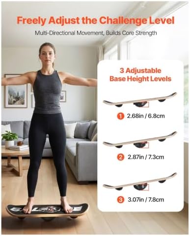 Balance Board Wobble Board - 3 Adjustable Levels - Wooden Trainer for Core Strength, Stability, Standing Desk, Yoga - 441lbs Capacity