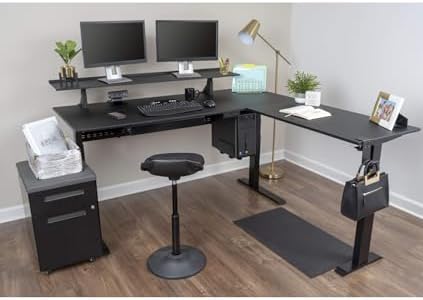 Stand Up Desk Store Triple Motor Electric L-Shaped Corner Standing Desk with EZ Assemble Frame (Black Frame/Black Top, 71" W x 71" D)