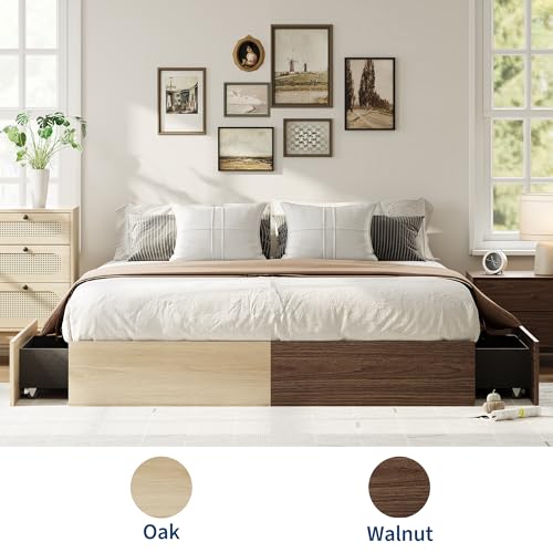 Wood Platform Bed Frame, King Bed Frame with 2 Drawers