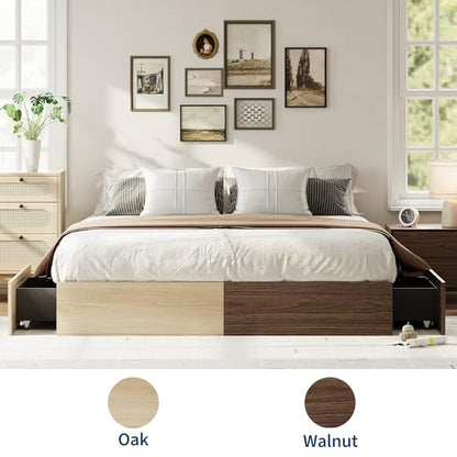Wood Platform Bed Frame, King Bed Frame with 2 Drawers