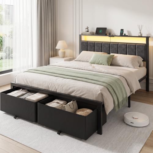 Queen Size Bed Frame with Upholstered Headboard and 2 Storage Drawers