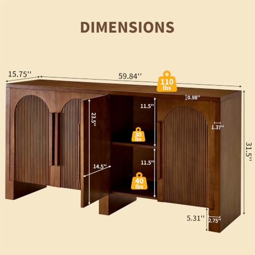 60"Buffet Cabinet with Storage,Solid Wood Fluted Arched Sideboard Cabinet