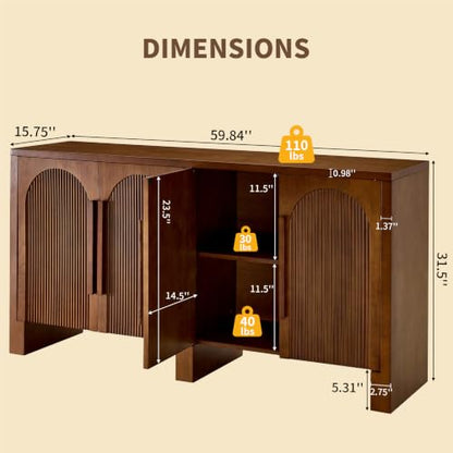 60"Buffet Cabinet with Storage,Solid Wood Fluted Arched Sideboard Cabinet