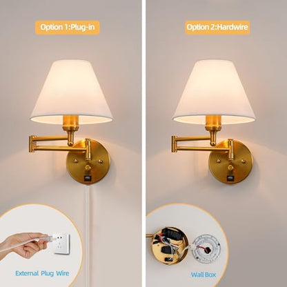 Swing Arm Wall Sconces, Plug-in Wall lamp,Bedroom Wall lamp ， White Fabric Shade，，with dimmable Switch and USB Charging Port, Suitable for Bedside, Living Room, Reading (Golden)