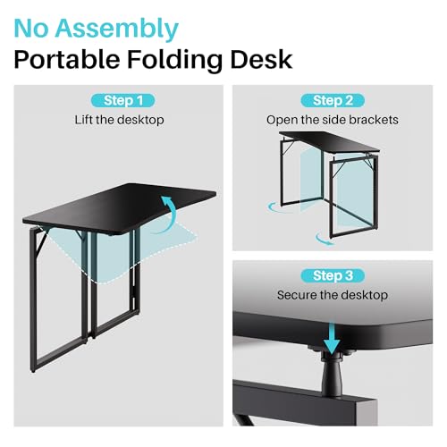 31.5" Black Folding Desk, No Assembly, Wooden Top, Small Size
