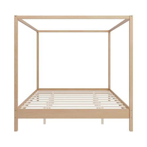 Wooden Canopy Bed with Four Posters, King Size Canopy Bed Frame & 8.3" Storage Space Under Bed, Solid Wood Slats Support, No Box Spring Needed, Easy Assembly, Natural