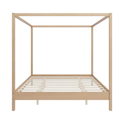 Wooden Canopy Bed with Four Posters, King Size Canopy Bed Frame & 8.3" Storage Space Under Bed, Solid Wood Slats Support, No Box Spring Needed, Easy Assembly, Natural