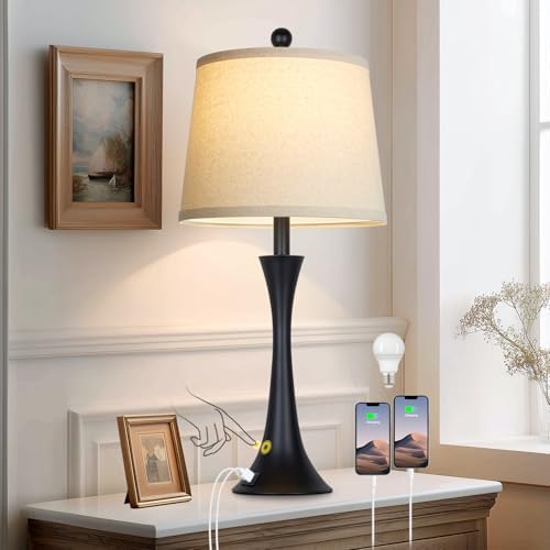 27.5" Black table Lamps for Living Room, Touch Control 3-Way Dimmable Bedside Nightstand Lamps Bedroom Lamp,Modern Black Table Lamp with USB A+C Ports,Tall Lamps for Living Room End Table（1Pack）