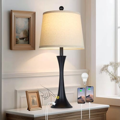 27.5" Black table Lamps for Living Room, Touch Control 3-Way Dimmable Bedside Nightstand Lamps Bedroom Lamp,Modern Black Table Lamp with USB A+C Ports,Tall Lamps for Living Room End Table（1Pack）
