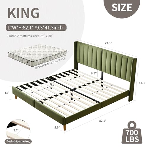 King Bed Frame，Platform Bed with Upholstered Headboard，Grass Green