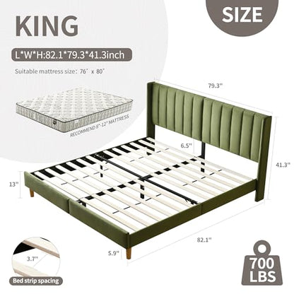 King Bed Frame，Platform Bed with Upholstered Headboard，Grass Green