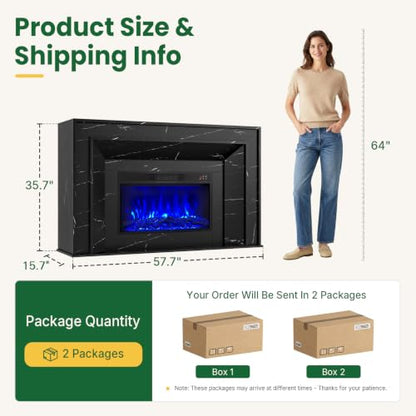 58" Fireplace TV Stand, Marble Finish Electric Fireplace Mantel,Black
