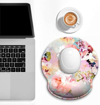 Ergonomic Mouse Pad with Wrist Support, Floral Memory Foam Wrist Rest Mouse Pads, Cute Computer Laptop Office Accessories Decor, Pain Relief Mousepad for Gaming Work Women Girls, Pink Flowers