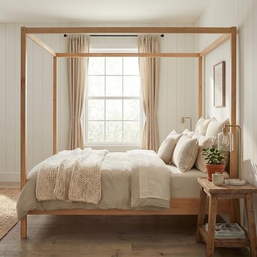 Wooden Canopy Bed with Four Posters, King Size Canopy Bed Frame & 8.3" Storage Space Under Bed, Solid Wood Slats Support, No Box Spring Needed, Easy Assembly, Natural
