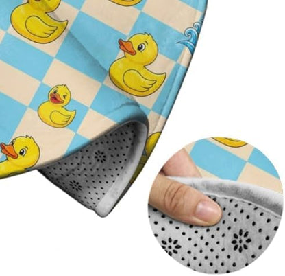 Women's Large Home Decor Mat, Soft Round Yoga Carpet, Non Slip Machine Washable Home Office Circle Rug Blue Checkered Funny Rubber Duck, 36inch