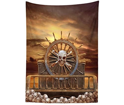 BELECO 6.5x10ft Fabric Pirate Backdrop Halloween Pirate Decorations Pirate Steering Wheel Scary Skulls Gloomy Sky Photography Background Kids Adult Pirate Theme Party Event Decoration Photoshoot Props - size: 6.5x10FT