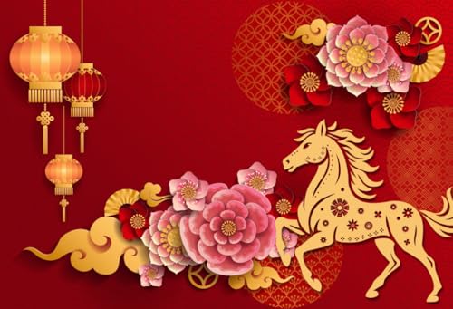AOFOTO 6x4ft Happy Chinese New Year Backdrop China Spring Festival Lunar Year of The Horse Decoration Banner Paper Cut Flowers CNY Lanterns 2026 Background Party Supplies Photoshoot Studio Props - size: 6x4ft