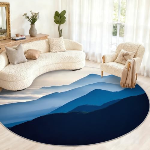 Mountain Round Rug - 6ft Washable Misty Mountain Round Area Rug for Living Room, Natural Landscape Circle Rugs Soft Non-Slip Carpet for Bedroom Dining Table Decor Mat