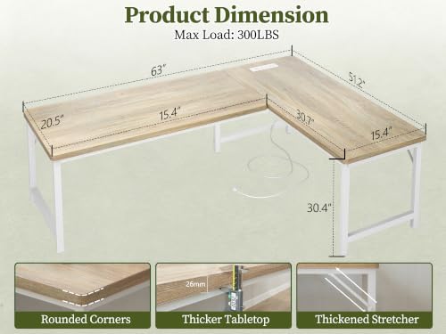 63 Inch L Shaped Computer Desk with Power Outlets, 1" Thick Desktop