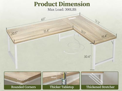 63 Inch L Shaped Computer Desk with Power Outlets, 1" Thick Desktop