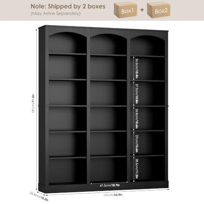 71" Triple Wide Bookshelf, 6 Tier Large Arch Black Bookcase