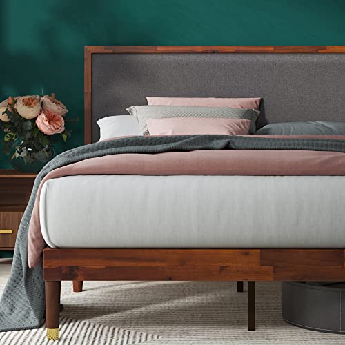 Raymond Wood Platform Bed Frame with Adjustable Upholstered Headboard, Solid Wood Foundation, Wood Slat Support, No Box Spring Needed, Easy Assembly, Queen