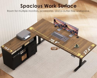 OffiGo 71 Inch Executive L-Shaped Electric Standing Desk, Walnut & Black