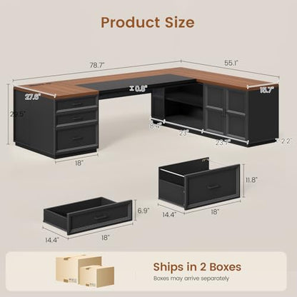 78.7" L Shaped Executive Desk with Charging Station, Large Home Office Computer Desk with File Drawers & Adjustable Storage Cabinet, CPU Stand, Modern L Desk for Business, Black + Brown