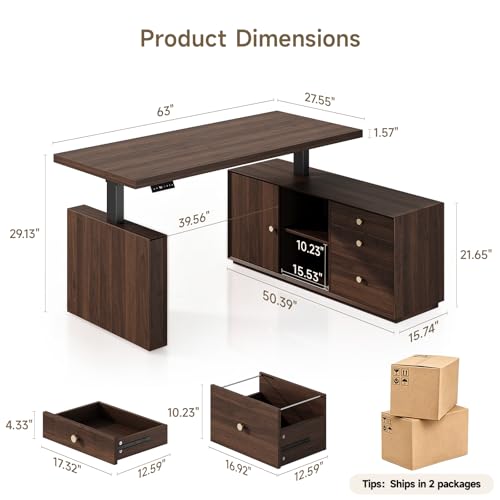 63" L Shaped Standing Desk w/File Cabinet, Sit Up Desk, Walnut