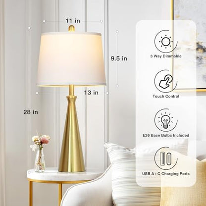 Rinweey 28" Modern Gold Touch Table Lamp Set of 2 for Living Room,Gold Bedside Lamps with USB A+C Ports - Gold Metal Table Lamp Set for Nightstand, End Table - 2 Bulbs Included